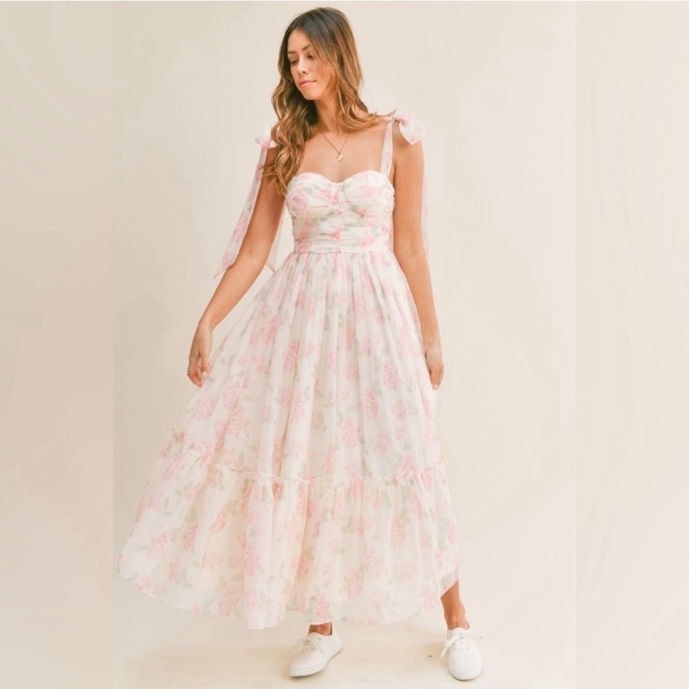 Mable Tie-Shoulder Pink Floral Maxi Dress